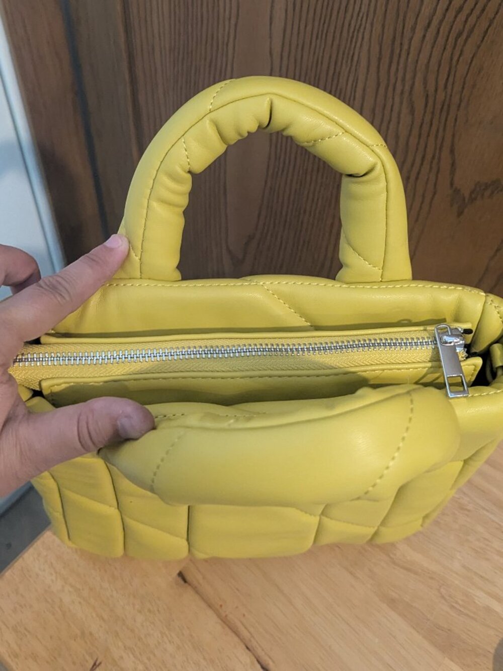 Zara Quilted Midi Tote Hand Bag/Crossbody Zip Faux Leather-Lime Green/Yellow - Picture 6 of 8